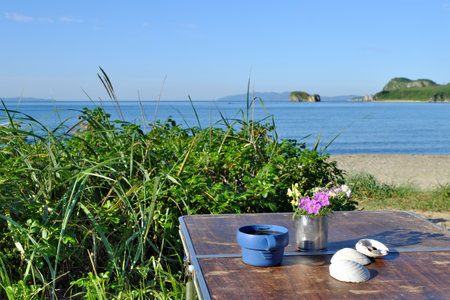 Rest on the seashore. An old camping table with a bouquet of wildflowers, shells and a mug of coffee on the background of the sea coast. selective focus.の写真素材