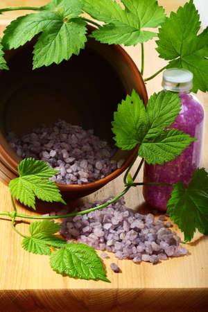 Violet bath salts in a ceramic pot and green vine rod. の写真素材