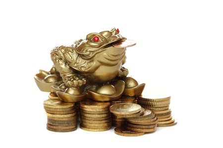 Feng Shui frog sitting on money ï¿½solated on white background. の写真素材
