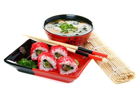 Japanese Cuisine - rolls and miso soup isolated on a white background.の写真素材
