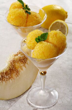 Melon sorbet in glasses on a linen napkin.の写真素材