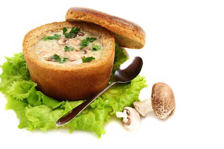 Potato soup with mushrooms on a white background.の写真素材