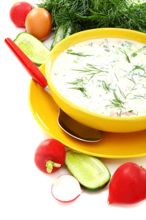 Cold summer soup kefir on a white background. の写真素材