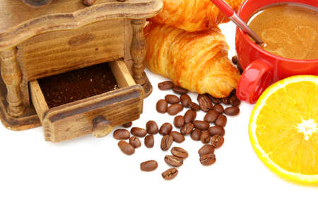 Coffee, croissants and a mill on a white background.の写真素材