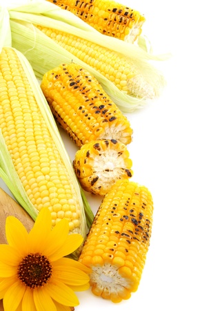 Flower,grilled corn and fresh cobs with green leaves on a white background.の写真素材