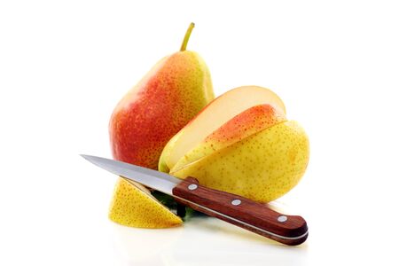 Two ripe pears and knife on a white background の写真素材