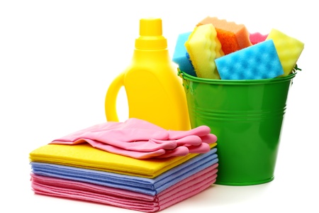 Cleaning tools and bucket on a white background  の写真素材