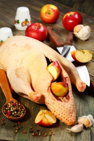 Eviscerated duck, apples and spices on the kitchen table  の写真素材