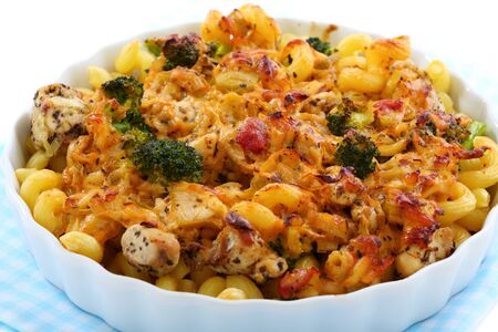 Pasta with chicken and broccoli close-up の写真素材