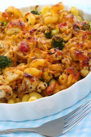 Pasta with chicken and broccoli close-up の写真素材