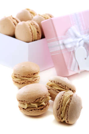 Box of macaroons on a white background.の写真素材