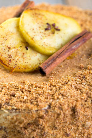 Cinnamon stick and caramelized apples on the cake closeup.の写真素材