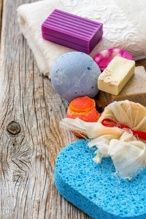 Set for a bath on a wooden board.の写真素材