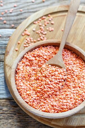 Bowl with raw red lentils on an old wooden table.