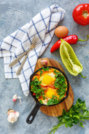 Eggs fried with tomatoes, onions, garlic and pepper in a cast iron pan. View from the top.の写真素材