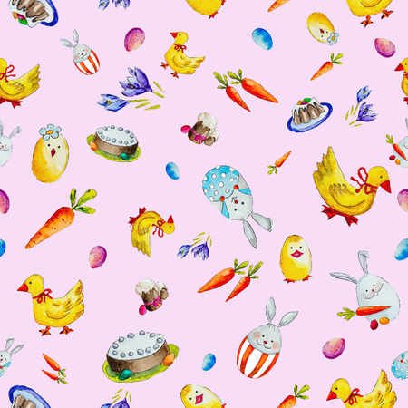 Seamless watercolor Easter pattern with rabbits, eggs, ducks, flowers and carrots on pink background.の写真素材