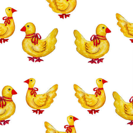 Seamless pattern with yellow ducks with red paws. Design for gift wrapping paper, baby textiles.の写真素材