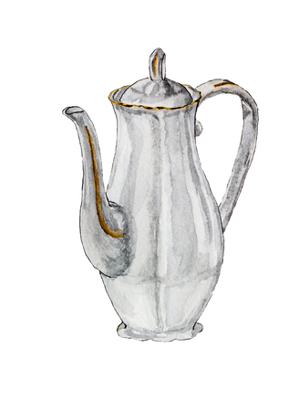 Watercolor sketch of a white coffee pot, isolated on white background handmade. Vintage retro porcelain coffee pot.の写真素材