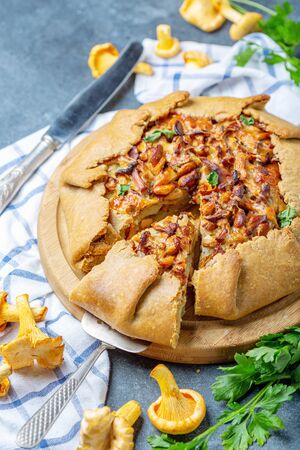 Sliced traditional pie (Galette) with wild chanterelles, onion, potatoes and greenery on a textured dark background, selective focus.の写真素材
