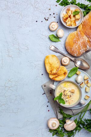 Mushroom cream soup with chicken breast and fresh basil in  bowl on a textured gray background. Top view.の写真素材