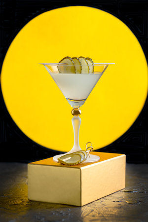 Cold pickleback cocktail in a martini glass served with pickled cucumber slices on a bamboo skewer, selective focus.Copy space.の写真素材