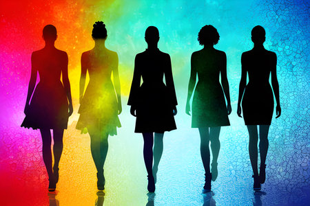 Abstract futuristic women silhouettes on a colorful background. Illustration in risographic style. Generated by AI.の素材