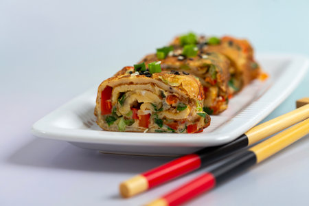 Savory vegetable egg roll, beautifully sliced and garnished with sesame seeds and green onions, served on a white plate with chopsticks.の写真素材