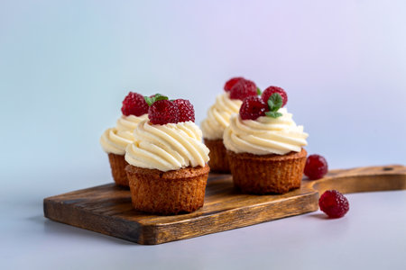 Fresh cupcakes with cream and raspberries on a wooden board.の写真素材