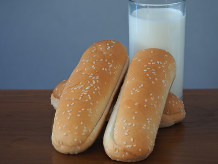 Bakery and milk ..Homemade bakery bread stuffed with sausagge