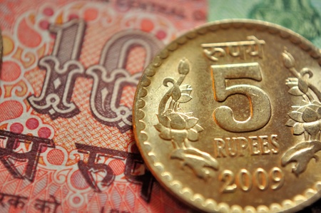 Rs 5 coin and a Rs. 10 currency noteの写真素材