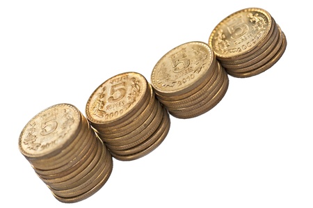 Close up of Indian Coin stack, 5 rupees, isolated, copy space,