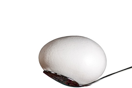 White eggs,on metal spoon, front lit, isolated, white background, copy space