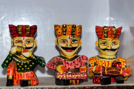 Colorful handcrafted dolls made of wood from Rajasthan, Indiaの写真素材