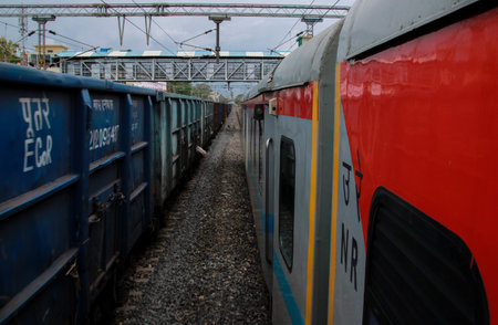 Indian railways train departing from stationのeditorial素材