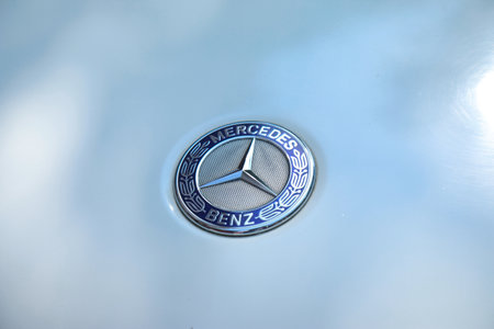 Mercedes Benz car's logo with sun glare, Feb 2nd 2021,  Chennai, Tamil Nadu, Indiaのeditorial素材