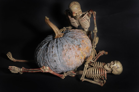 Pumpkin Skeleton over another, so seek help,Pumpkin skeleton covered in darkness with little light.の写真素材