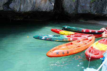 Kayak tied in the seaの写真素材