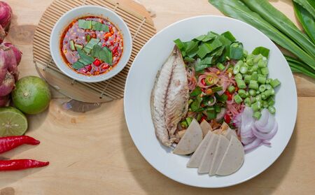 Thai food, rice noodles in many colors, beautiful, ready to eat  Consisting of vegetables