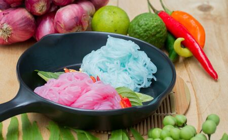 Thai food, rice noodles in many colors, beautiful, ready to eat  Consisting of vegetablesの写真素材