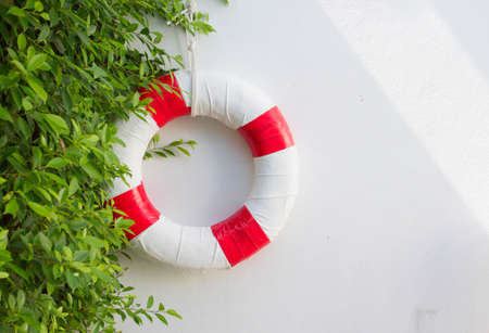 A red and white rubber ring hanging beside a white wall in a green bush.