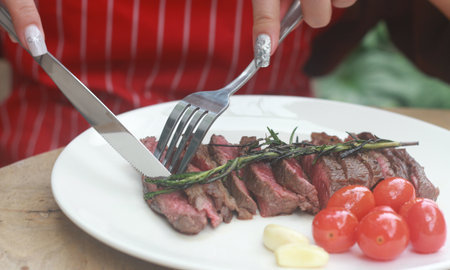 A steak on a white plate ready to eat, garnished with red tomatoes and rosemary for flavor.の写真素材