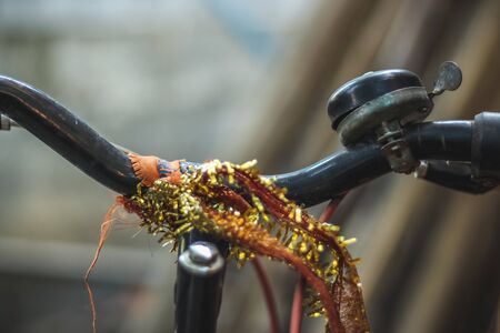 Colorful Adult bicycle handlebar with patterned bell urban city life. Old bicycle handle with horn...