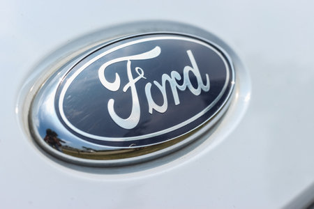 Coimbatore, Tamilnadu, India - âDecemberâ â26âth â2020: Ford Logo Sign Macro Closeup Stock Image. Ford logo. It was founded by Henry Ford. The Ford Motor Company is an American multinationalのeditorial素材