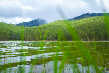 Beautiful Lake view landscape over the foggy mountain background. Landscape Stock Images.の写真素材