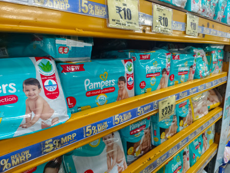 Chennai, India - February 10th 2022: Baby Care Pamper and Diapers Products buy one get one offer on...