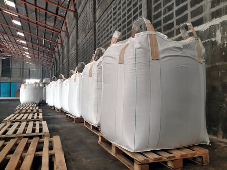 Chemical fertilizer Urea Stock pile jumbo-bag in warehouse waiting for shipment.の写真素材