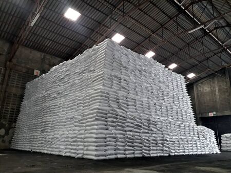 Chemical fertilizer The product stock is packed in sacks, stacked in the warehouse, waiting for...