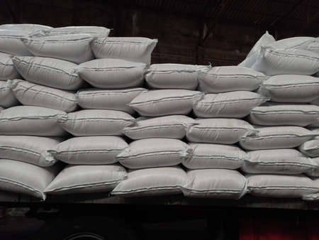 Chemical fertilizer The product stock is packed in sacks, stacked in the warehouse, waiting for...