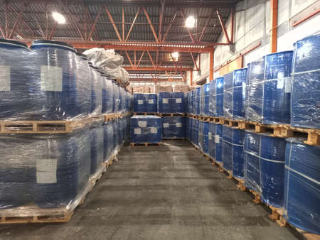 Chemical fertilizer The product stock is packed in sacks, stacked in the warehouse, waiting for...