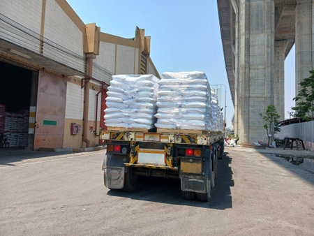 Chemical fertilizer Urea Stock pile jumbo-bag in a warehouse waiting for shipment.